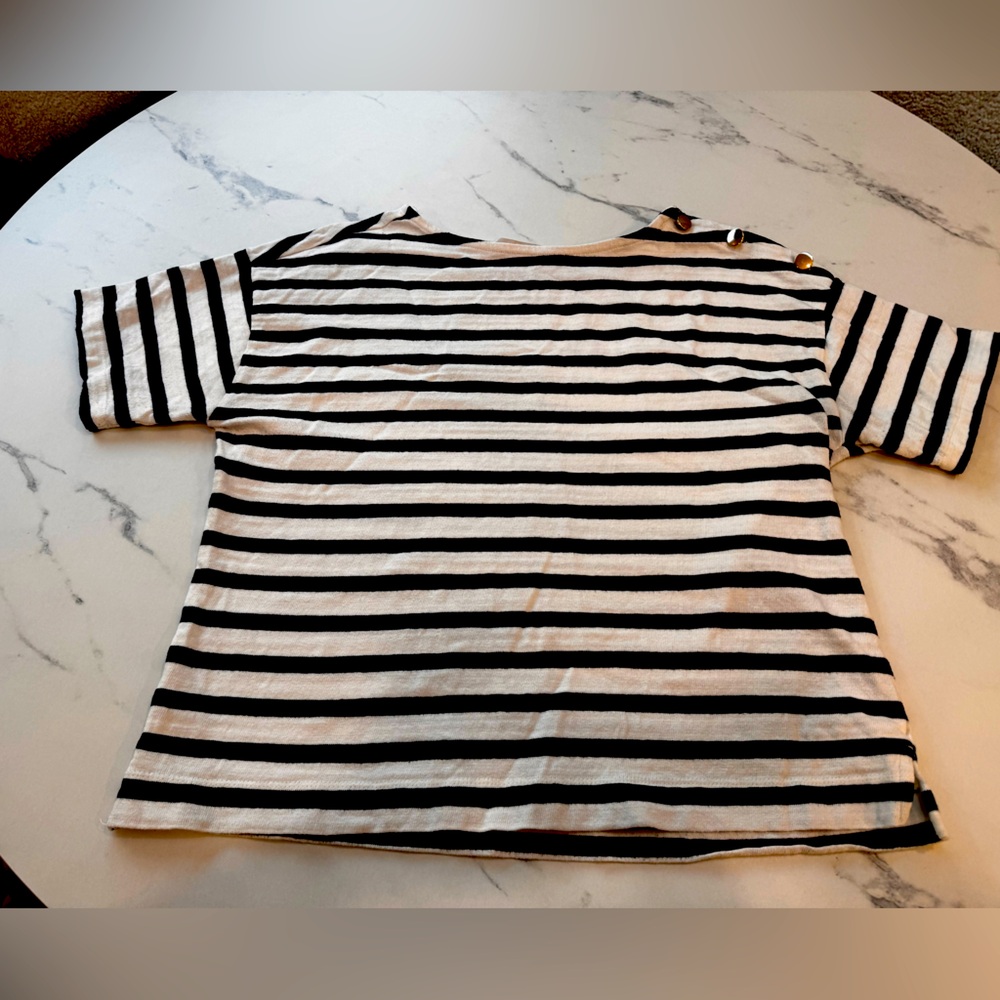 Black white striped top with gold button detail, large petite